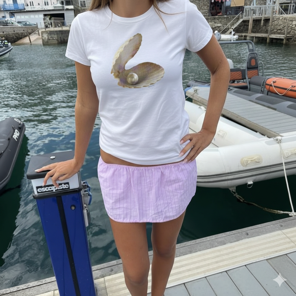Person wearing a white t-shirt with a shell graphic and a pink skirt standing on a dock with boats in the background.