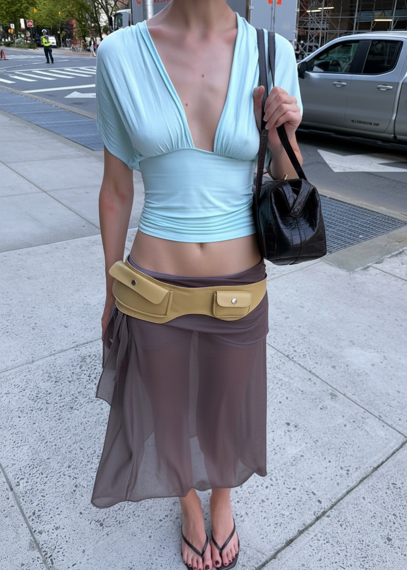 Person wearing a light blue top and brown skirt on a city street.