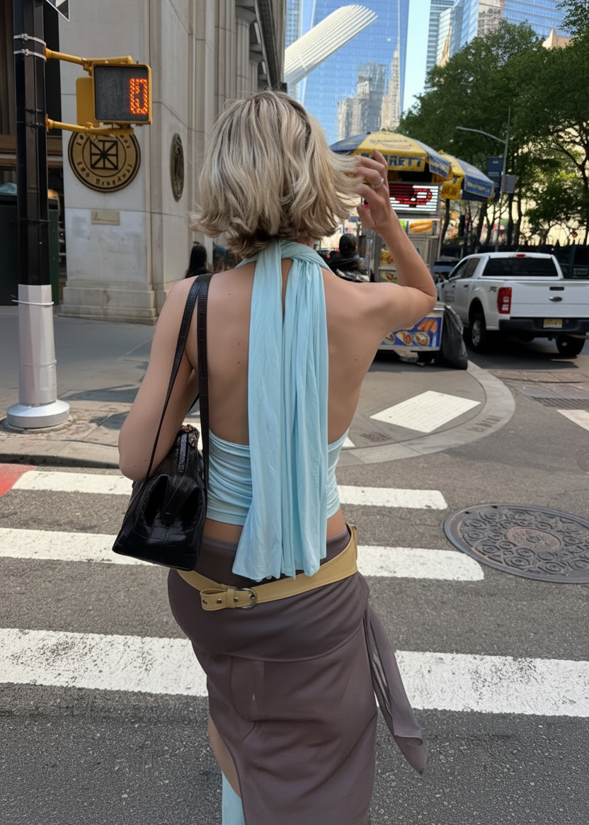 Woman taking a selfie on a city street with tall buildings and traffic lights in the background.