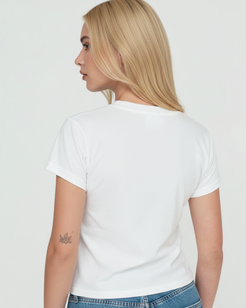 Person wearing a white t-shirt and blue jeans against a plain background