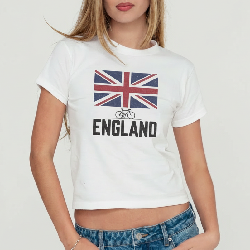 Woman wearing a white t-shirt with a Union Jack design and 'ENGLAND' text on a plain background