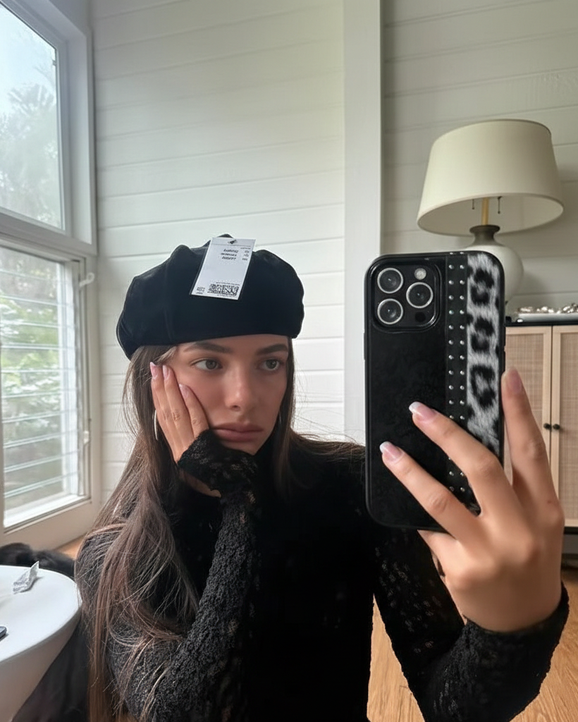 Person taking a mirror selfie wearing a black beret and holding a phone with a leopard print case.