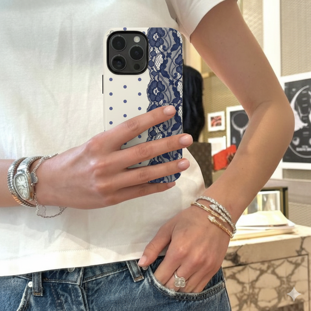 Person holding a phone with a blue lace case, wearing a white shirt and jeans.