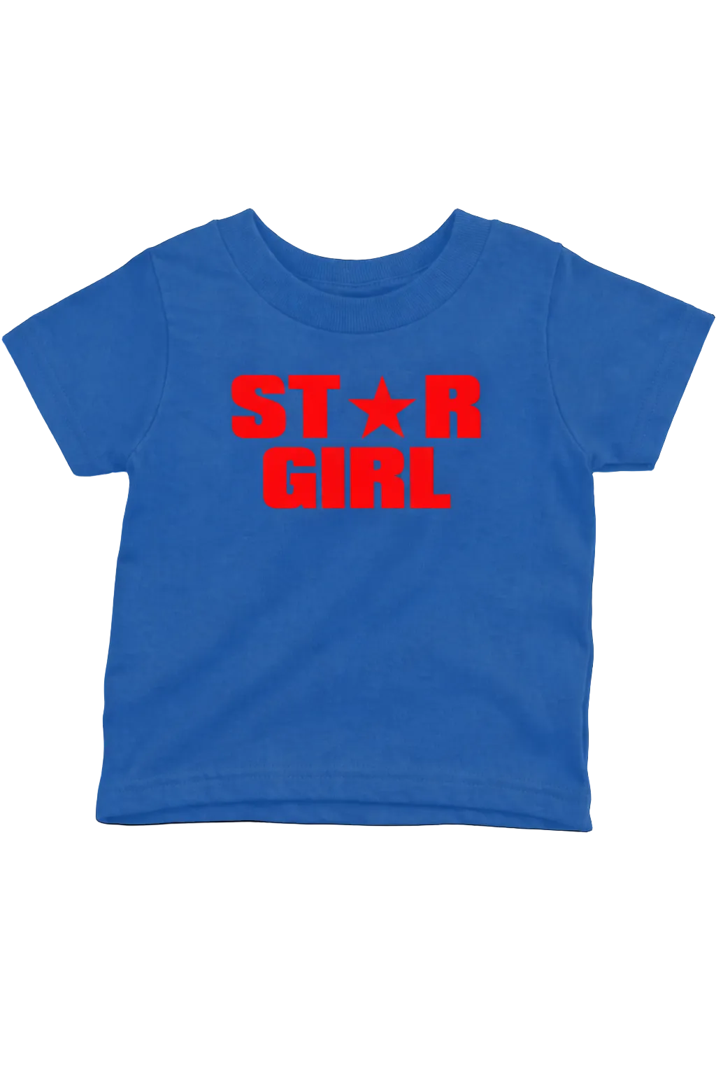 Blue t-shirt with 'STAR GIRL' text in red on a black background
