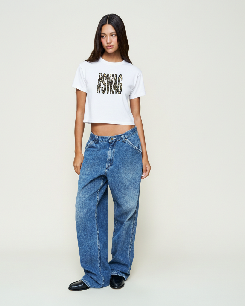 Person wearing a white crop top with text and blue jeans on a plain background
