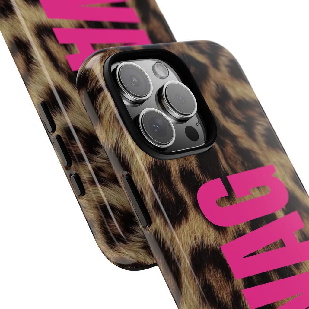 Phone case with leopard print and pink text on a white background