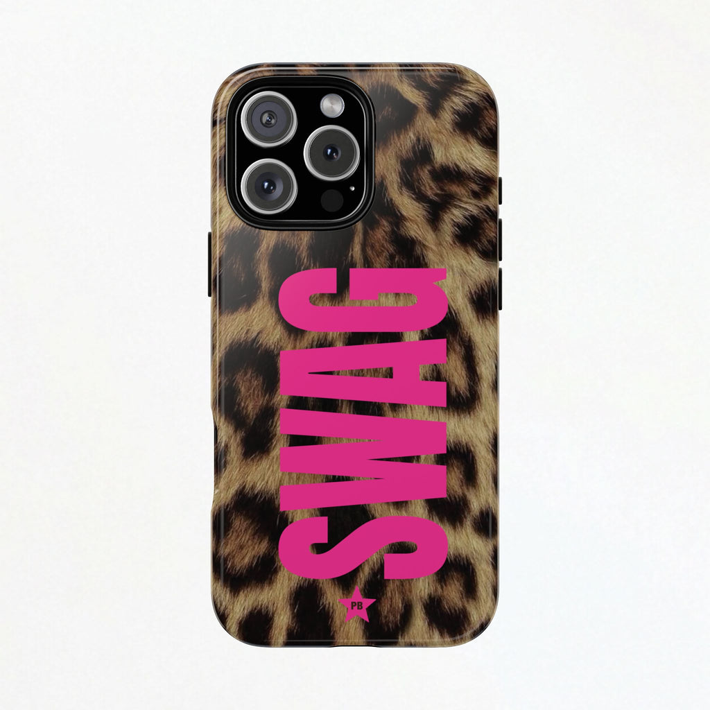 Phone case with leopard print and pink 'SWSH' text on a white background