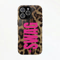 Phone case with leopard print and pink 'SWSH' text on a white background