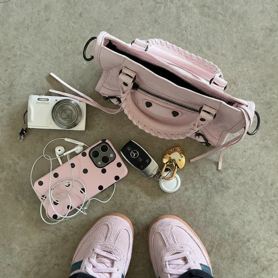 Pink handbag with phone, camera, and keys on a concrete floor